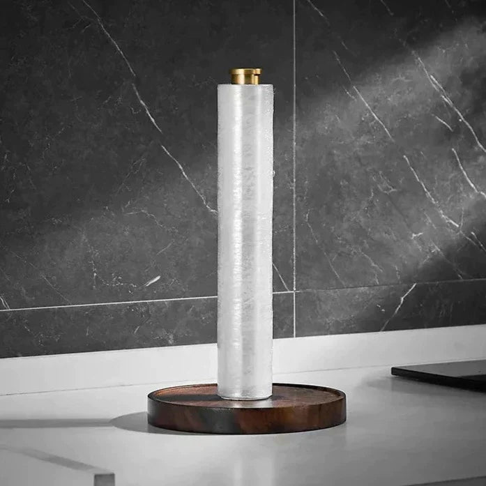 Pähkinäpuinen talouspaperiteline keittiöön — kultaista ruostumatonta terästä, 27 cm