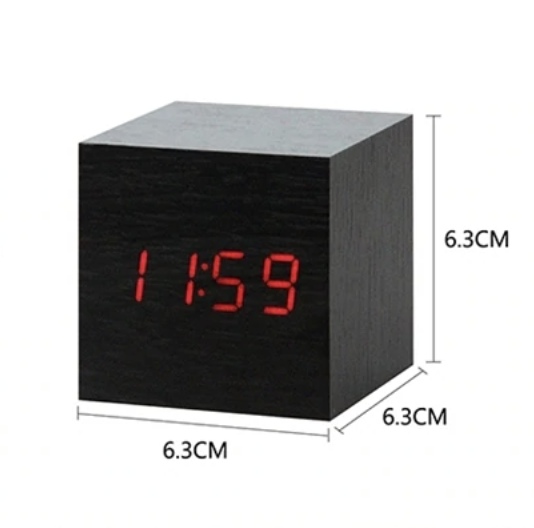 Sveglia cubica LED effetto legno da 6x6x6 cm, nera — Temperatura/funzione snooze