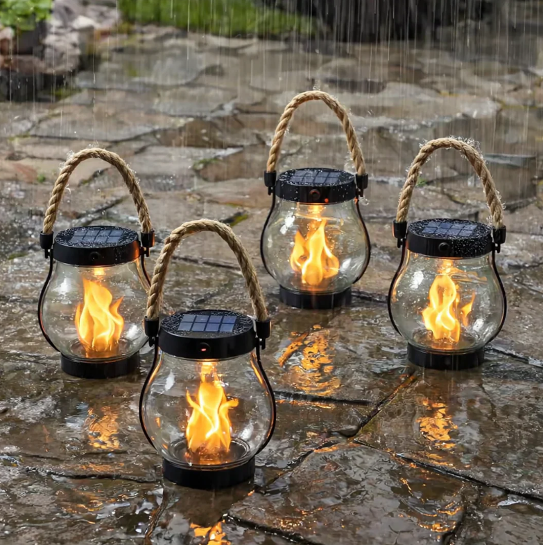 Solar-Flammenlaterne - 22 LEDs, 25,5 cm, Hanfseil, wasserdicht