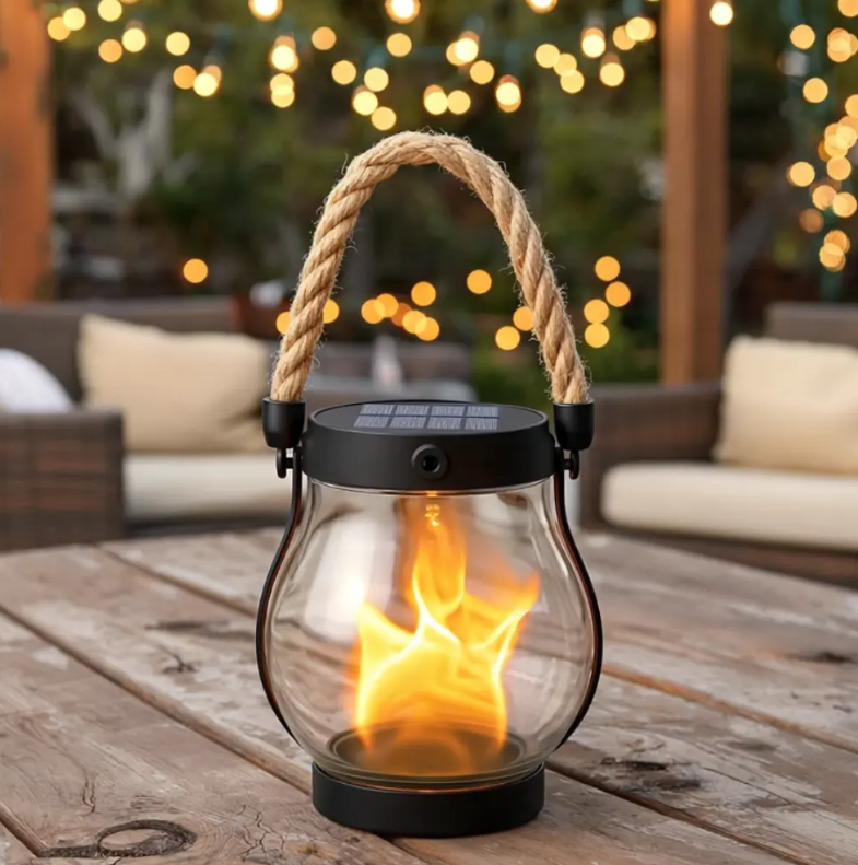 Solar-Flammenlaterne - 22 LEDs, 25,5 cm, Hanfseil, wasserdicht