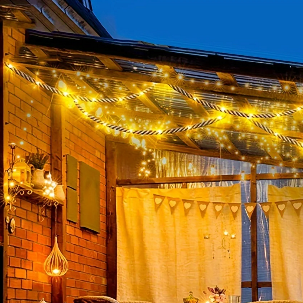 Solar-Lichterkette aus Hanfseil — 5 Meter, warmes LED-Licht