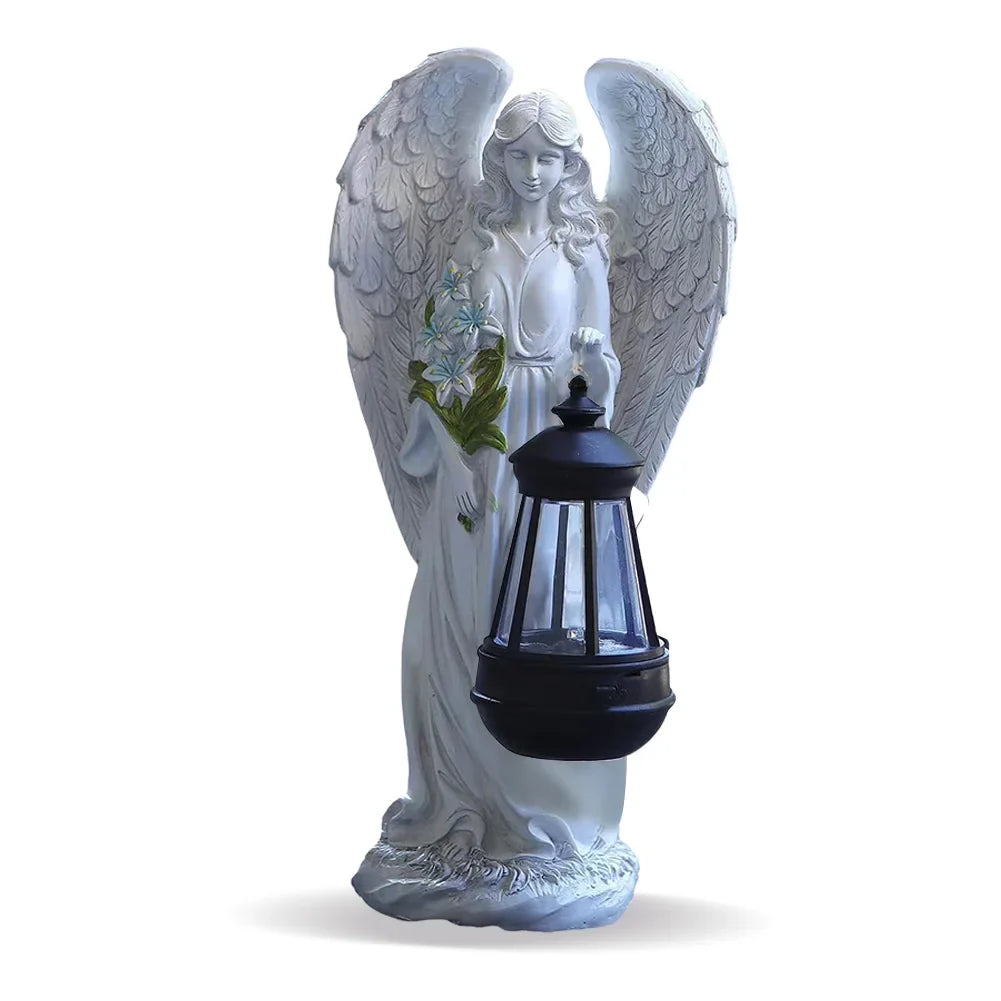 Anioł ogrodowy 31 cm — solarna latarnia LED, biała żywica, wodoodporna