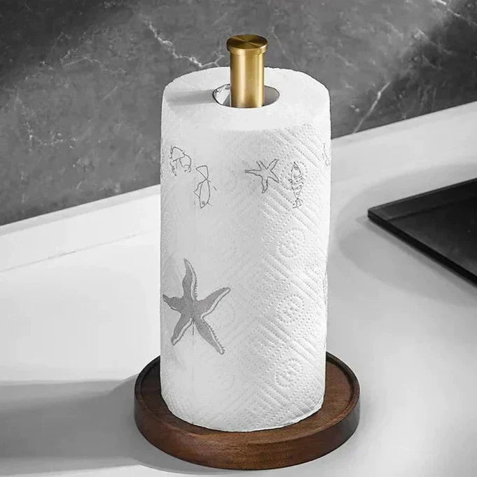 Pähkinäpuinen talouspaperiteline keittiöön — kultaista ruostumatonta terästä, 27 cm