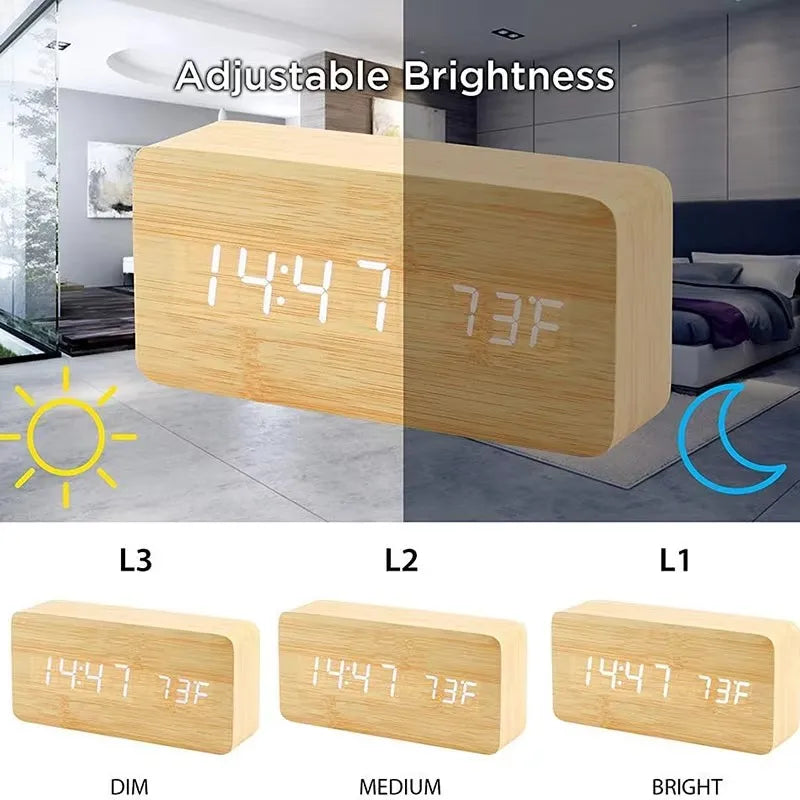 LED-Wecker in Holzoptik — Temperatur, USB, 3 Alarme