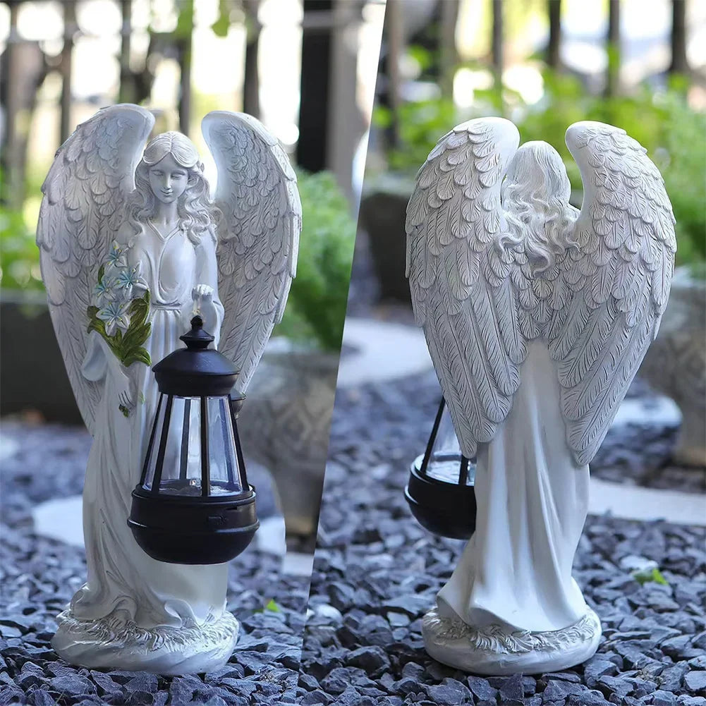 Haveengel på 31cm — solcellelanterne i hvidt resin, vandtæt