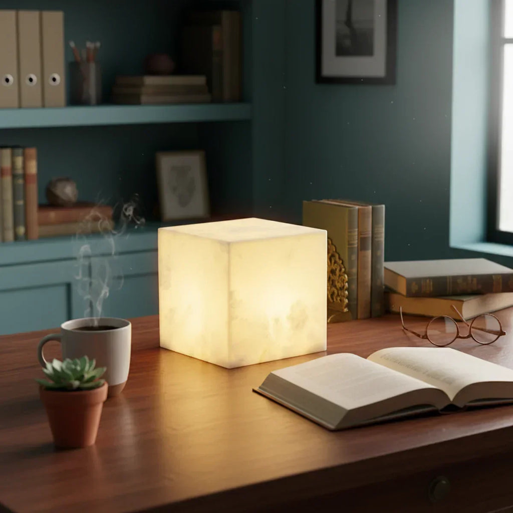 Simple Alabaster Cube Table Lamp | wildoxy
