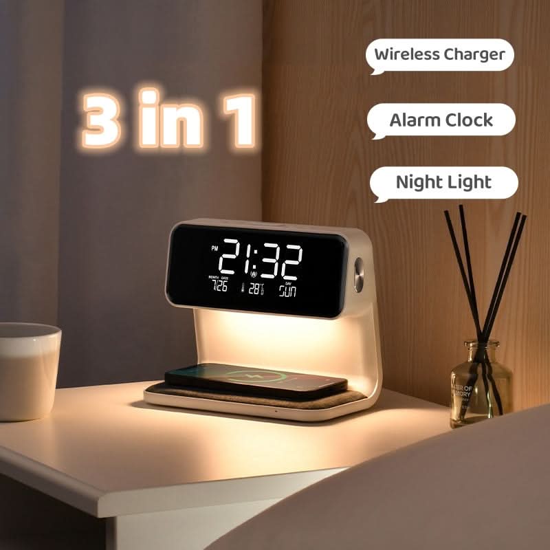 LumaNova Clear LCD Alarm Clock — Dimmable Nightstand Lamp & Wireless Fast Charging