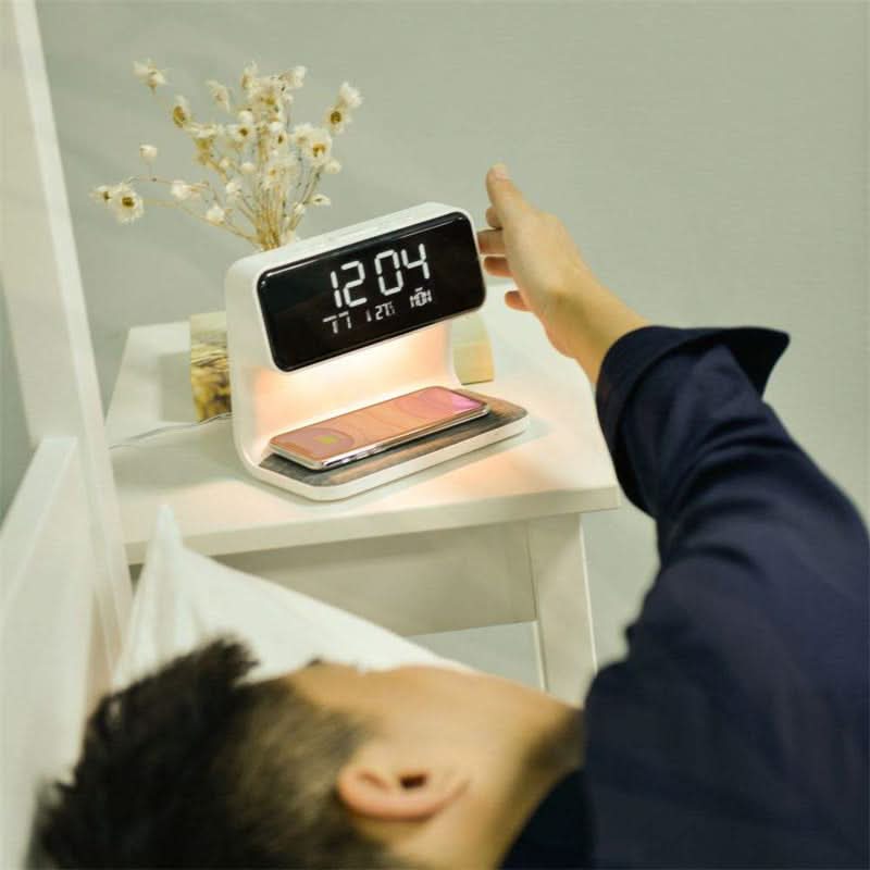 LumaNova Clear LCD Alarm Clock — Dimmable Nightstand Lamp & Wireless Fast Charging