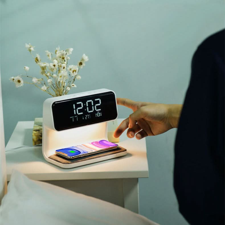LumaNova Clear LCD Alarm Clock — Dimmable Nightstand Lamp & Wireless Fast Charging