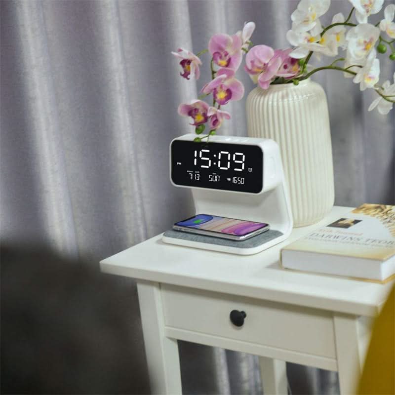 LumaNova Clear LCD Alarm Clock — Dimmable Nightstand Lamp & Wireless Fast Charging