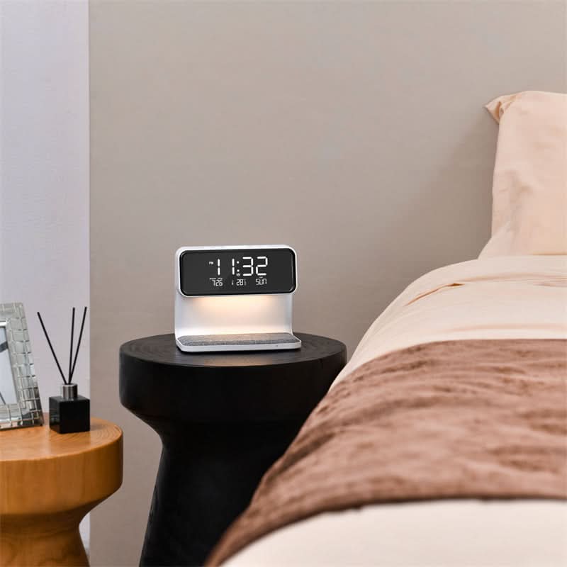 LumaNova Clear LCD Alarm Clock — Dimmable Nightstand Lamp & Wireless Fast Charging
