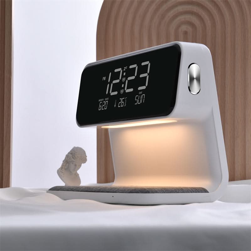 LumaNova Clear LCD Alarm Clock — Dimmable Nightstand Lamp & Wireless Fast Charging
