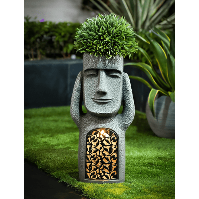 Enchanted Trio Solar Resin Garden Statues — Easter Island Motifs