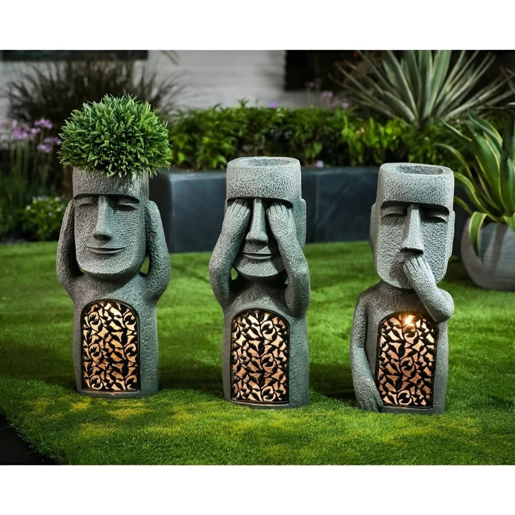 Enchanted Trio Solar Resin Garden Statues — Easter Island Motifs
