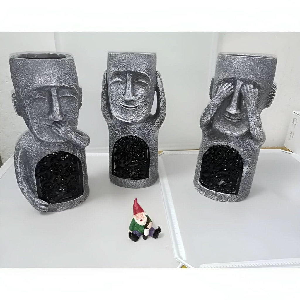 Enchanted Trio Solar Resin Garden Statues — Easter Island Motifs