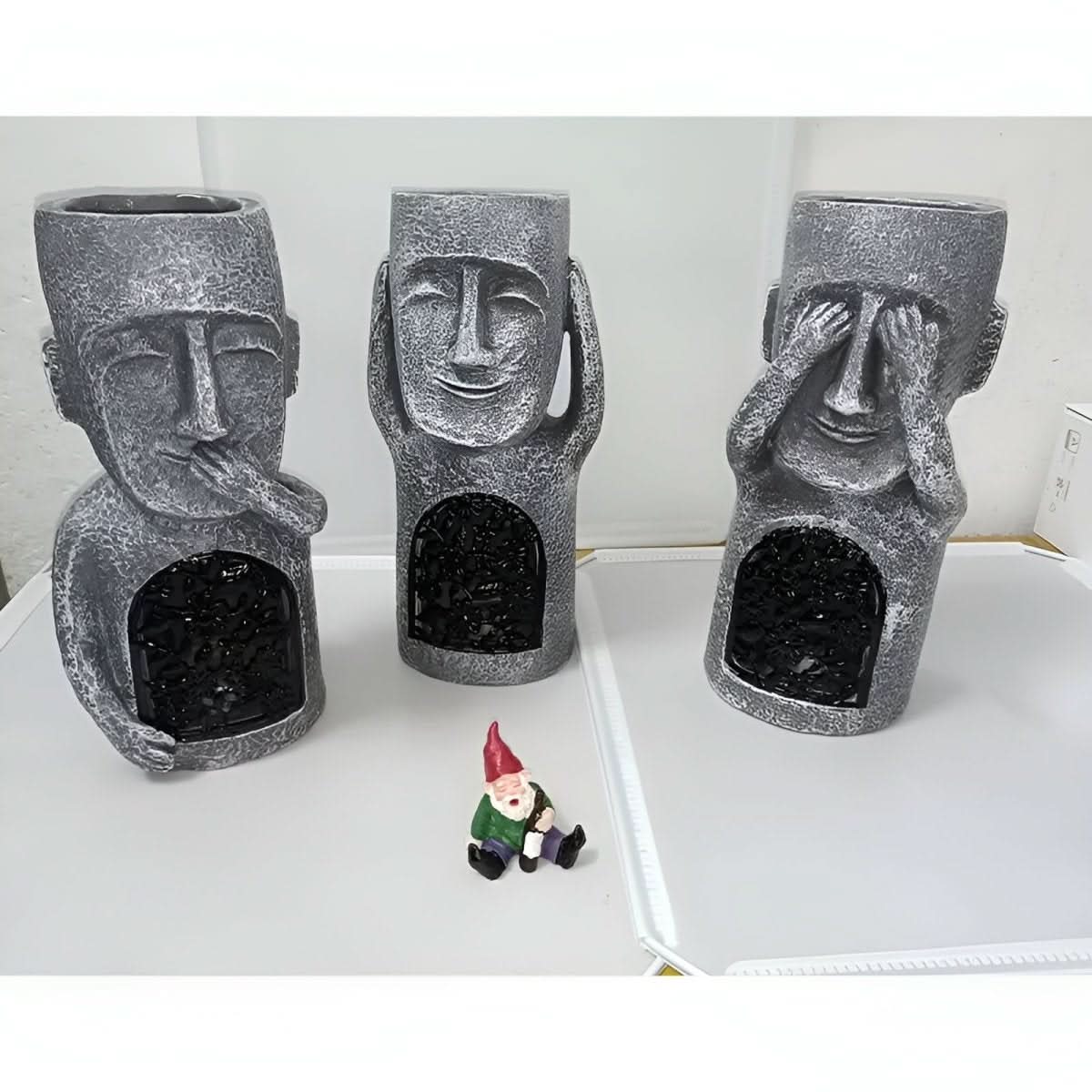 Enchanted Trio Solar Resin Garden Statues — Easter Island Motifs