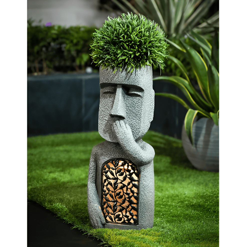 Enchanted Trio Solar Resin Garden Statues — Easter Island Motifs