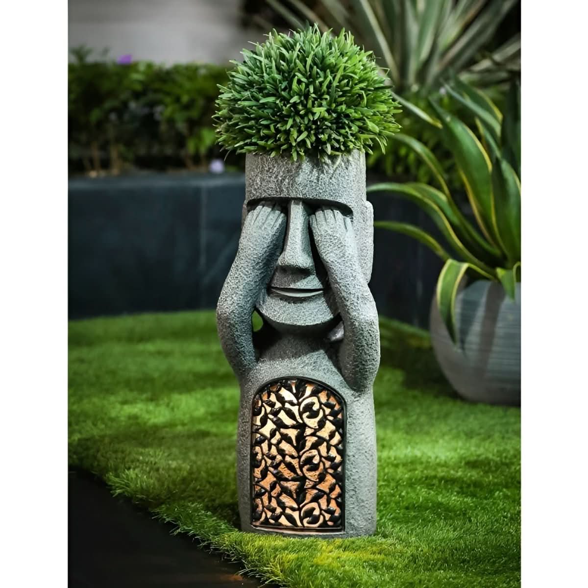 Enchanted Trio Solar Resin Garden Statues — Easter Island Motifs