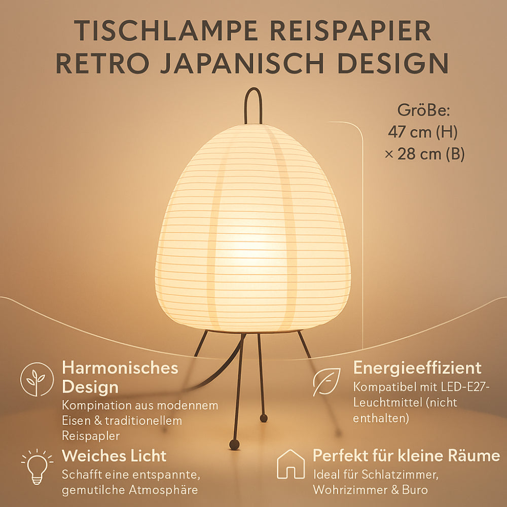 Lámpara de mesa retro japonesa de papel de arroz de 47cm, base de hierro E27