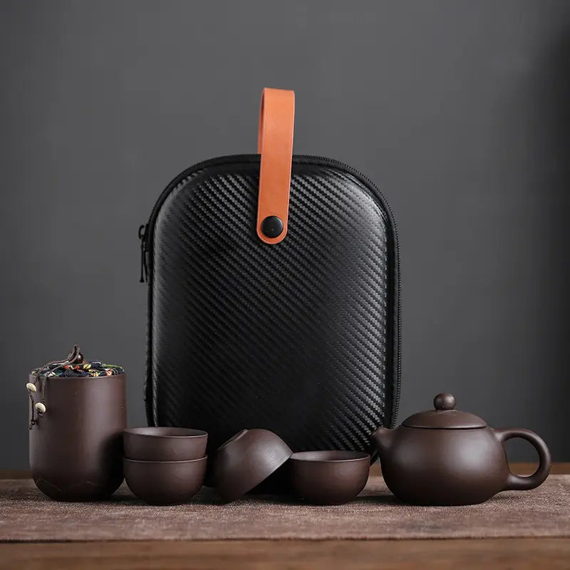 Juego de té de viaje de cerámica hecho a mano - tetera, 4 tazas y estuche