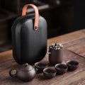 Juego de té de viaje de cerámica hecho a mano - tetera, 4 tazas y estuche