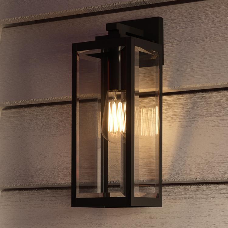 43cm Außen-Wandleuchte im Landhausstil, schwarzer Stahl und Glas, wasserdicht