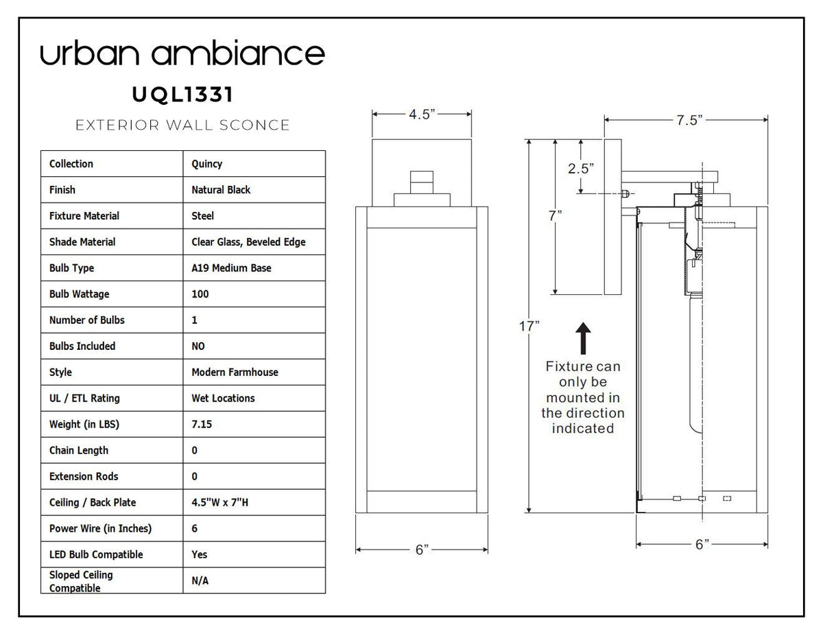 43cm Außen-Wandleuchte im Landhausstil, schwarzer Stahl und Glas, wasserdicht