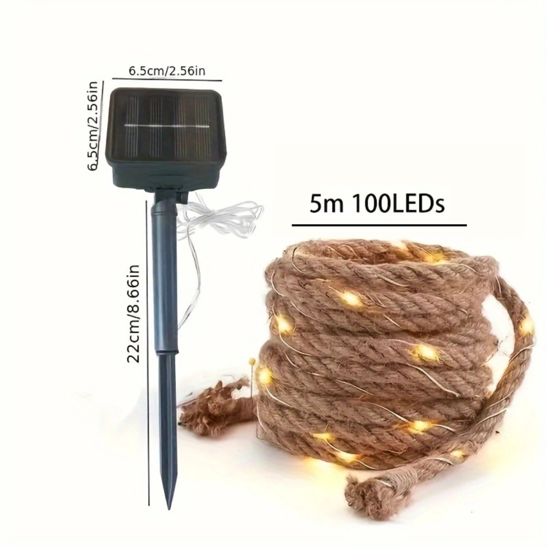 Solar-Lichterkette aus Hanfseil — 5 Meter, warmes LED-Licht
