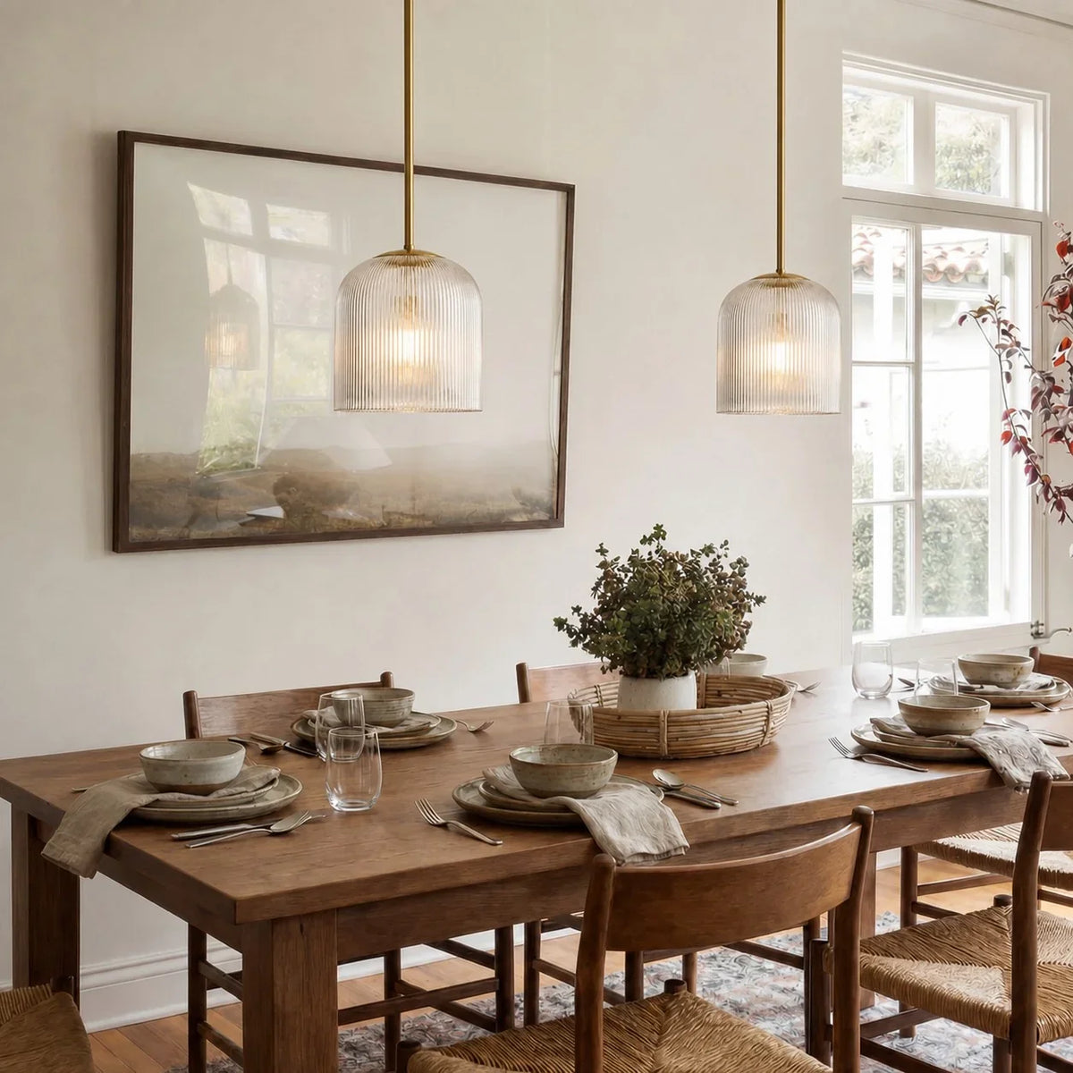 Lampă suspendată cu sticlă striată – finisaj cupru, stil rustic