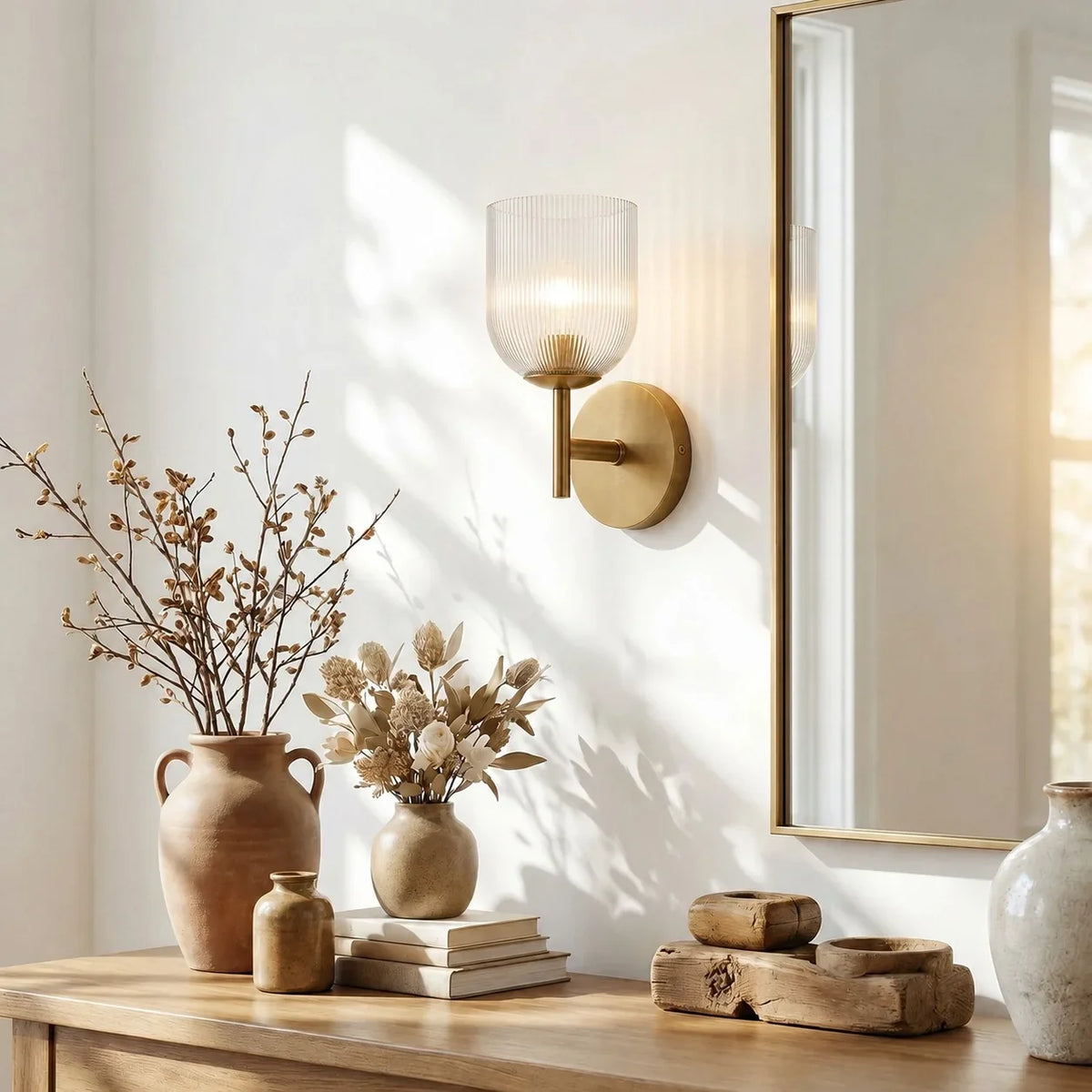 Vintage Ribbed Glass Wall Lamp — Copper Finish
