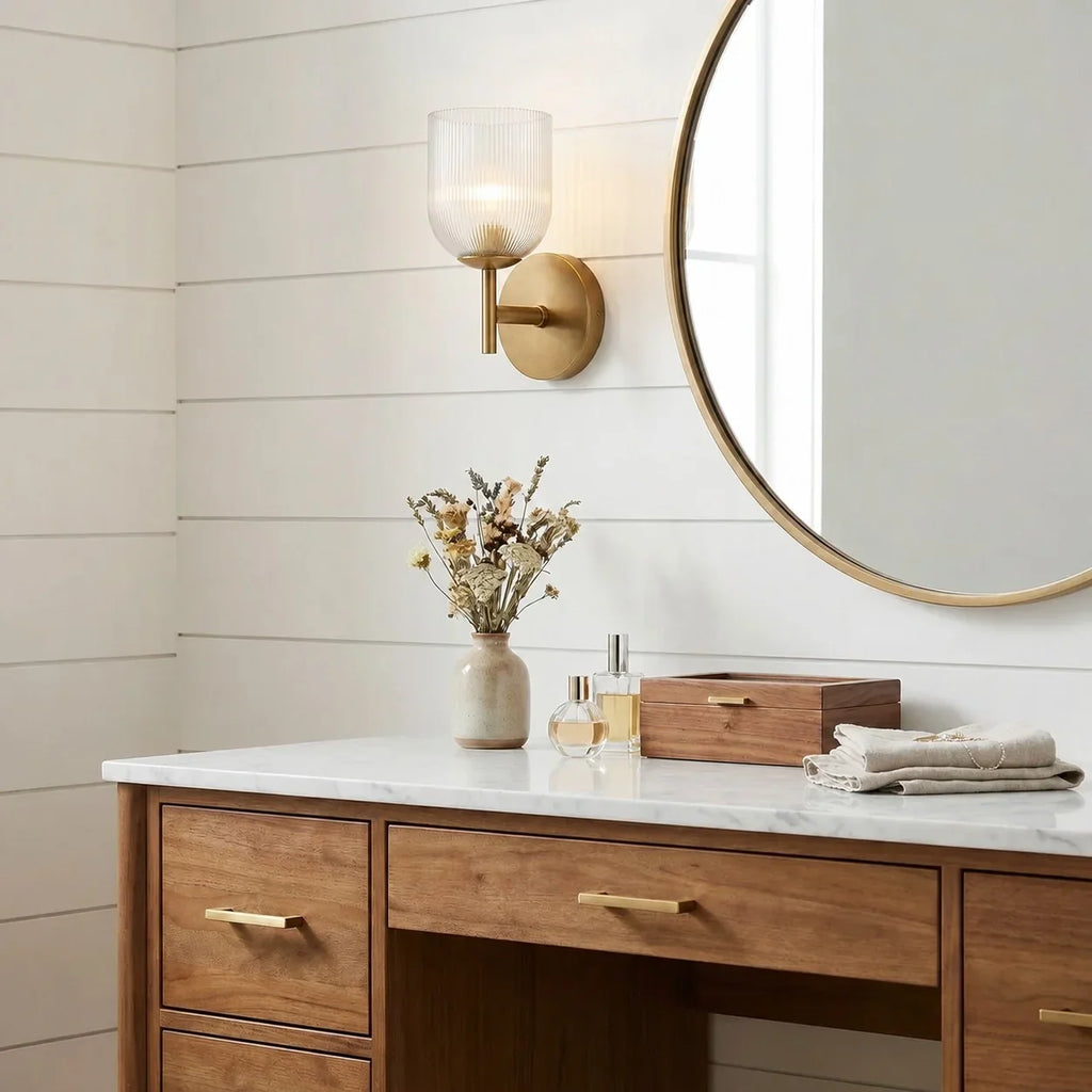 Vintage Ribbed Glass Wall Lamp — Copper Finish