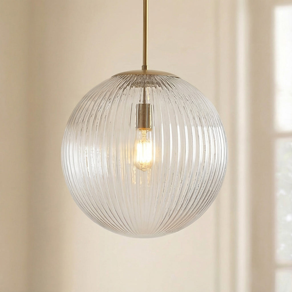 Lampă suspendată cu sticlă striată – finisaj cupru, stil rustic