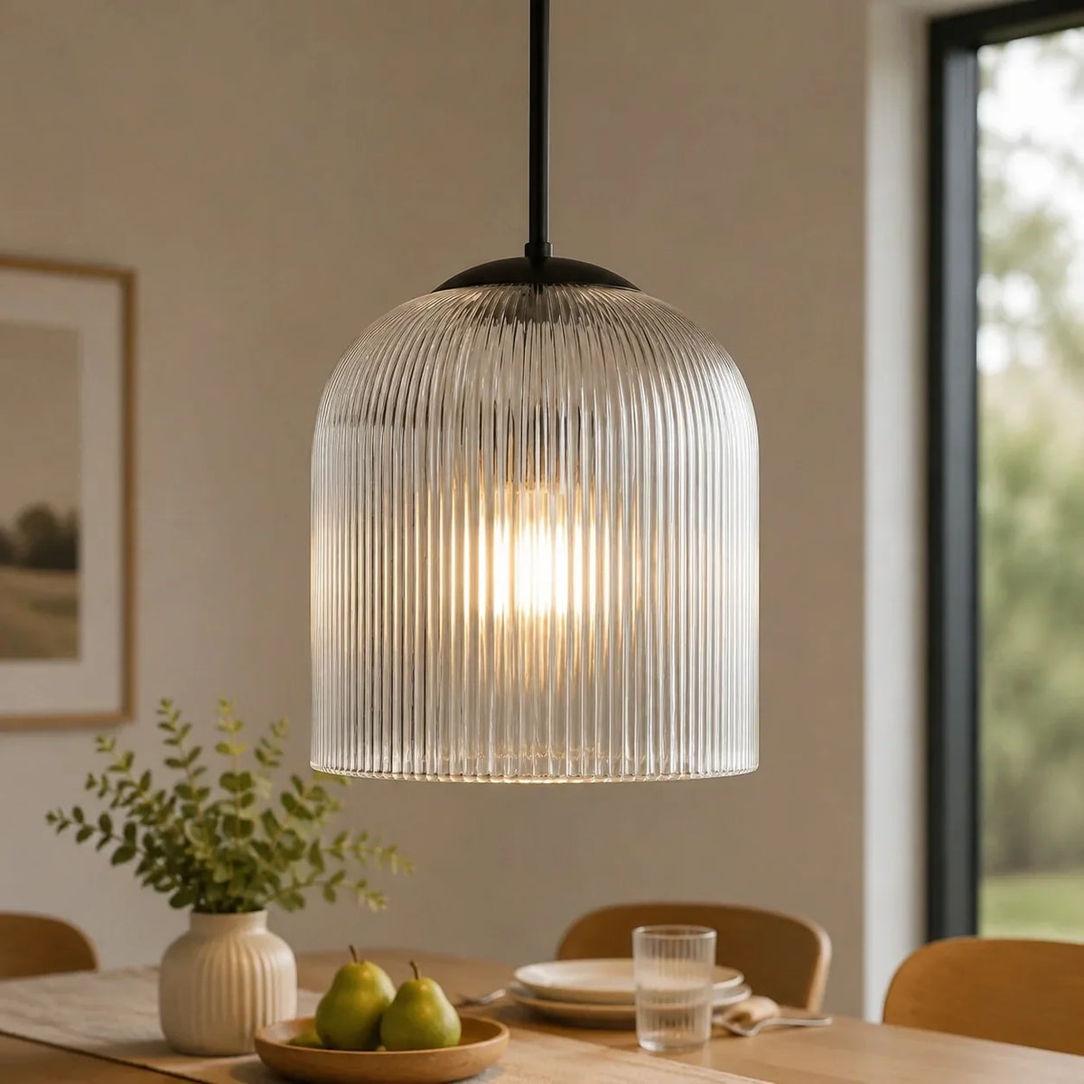 Lampă suspendată cu sticlă striată – finisaj cupru, stil rustic