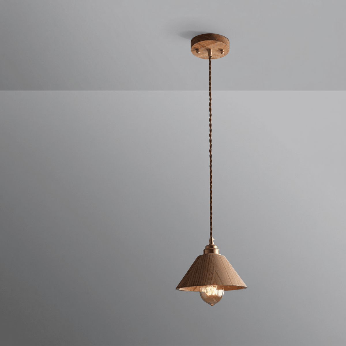 12-Inch Walnut Wood Cone Pendant Lamp — Modern Style, Tapered Shade