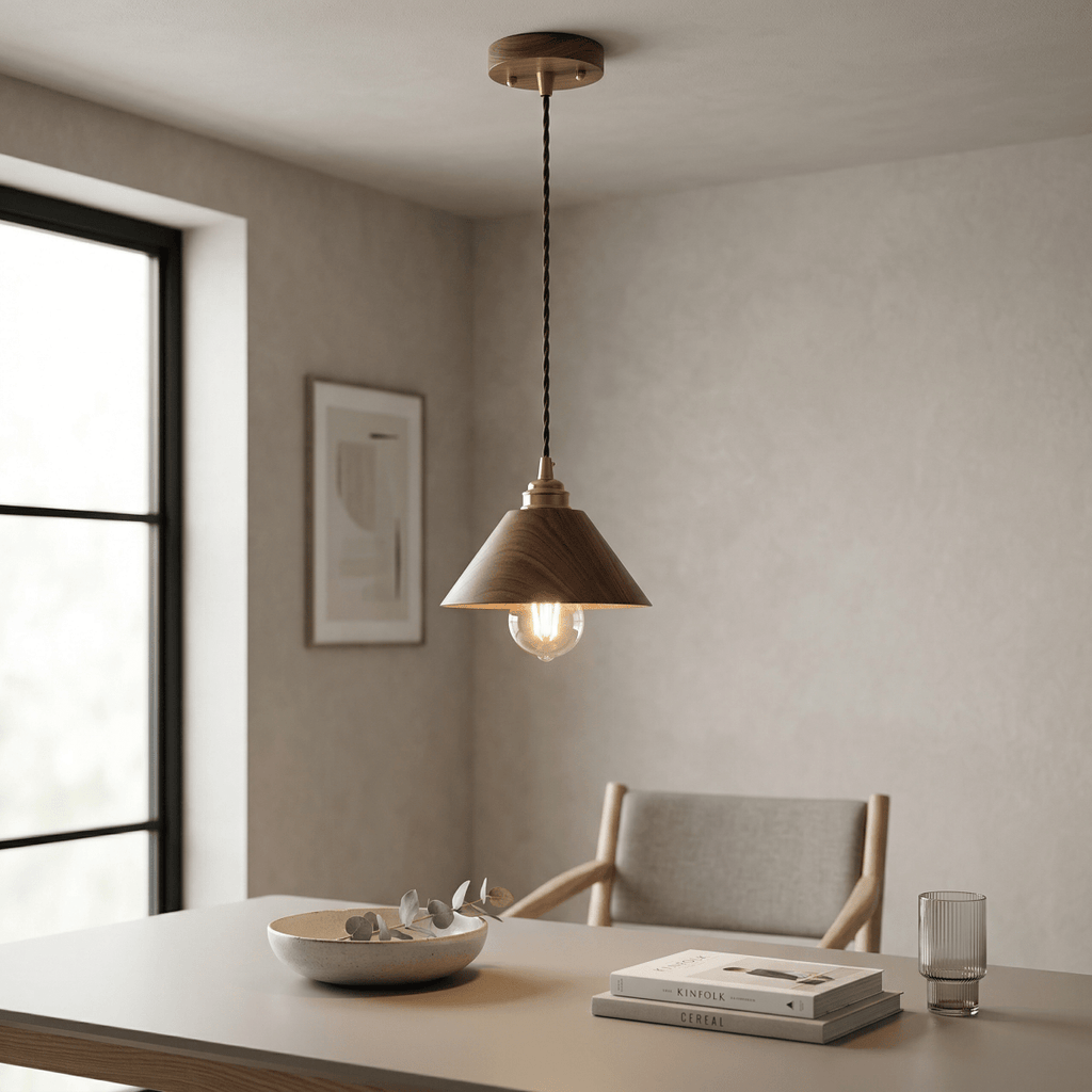 12-Inch Walnut Wood Cone Pendant Lamp — Modern Style, Tapered Shade