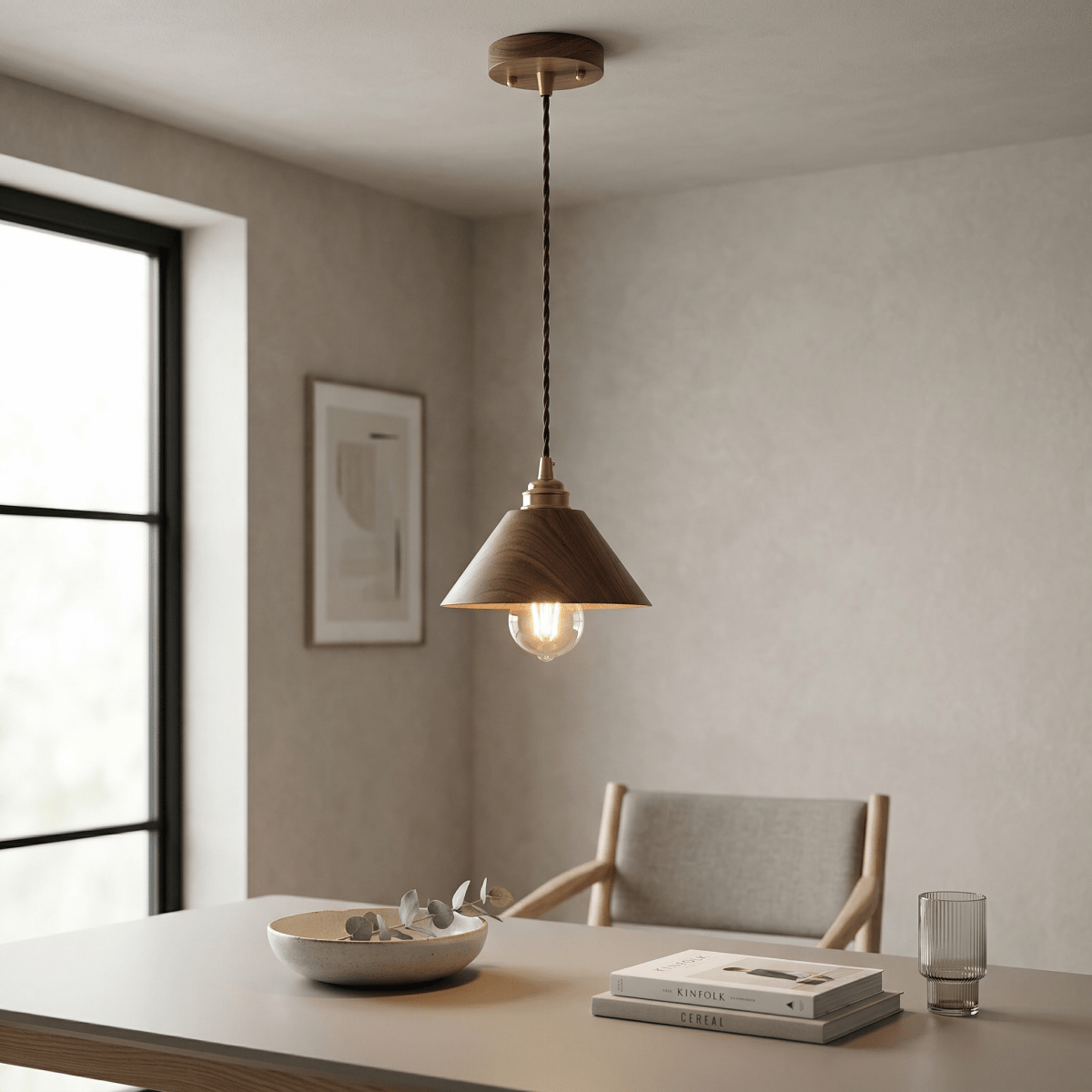 12-Inch Walnut Wood Cone Pendant Lamp — Modern Style, Tapered Shade