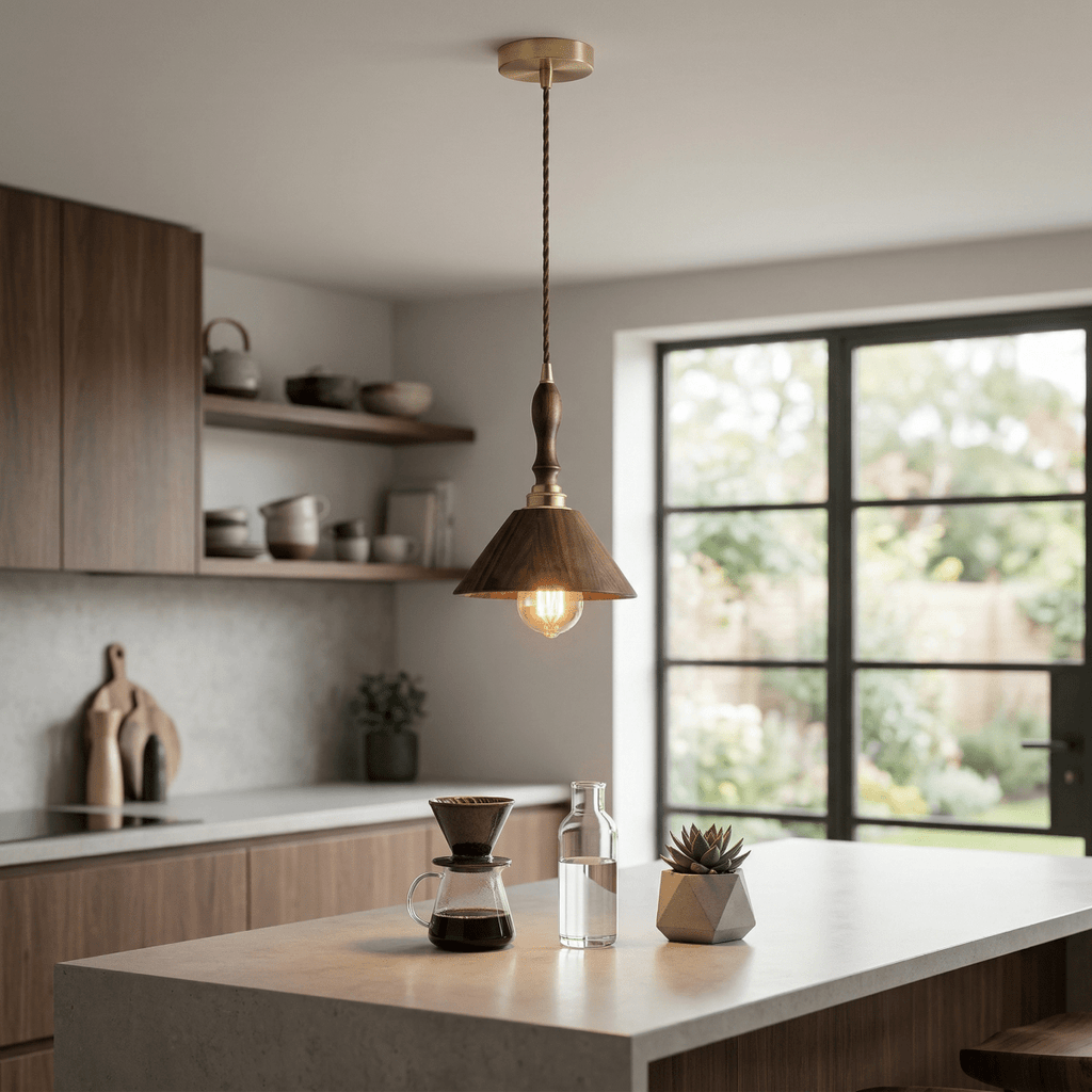 12-Inch Walnut Wood Cone Pendant Lamp — Modern Style, Tapered Shade