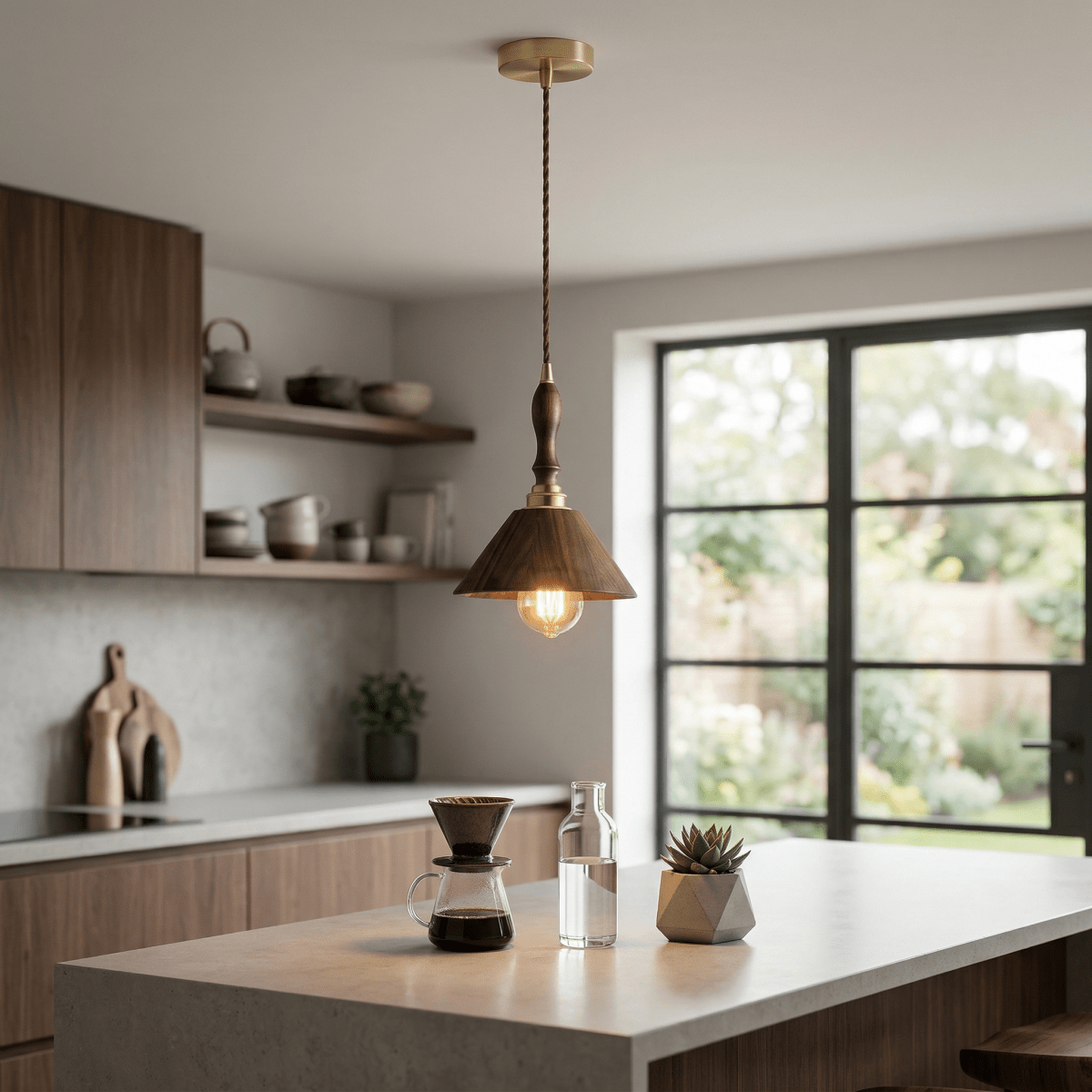 12-Inch Walnut Wood Cone Pendant Lamp — Modern Style, Tapered Shade