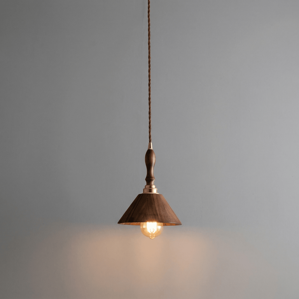 12-Inch Walnut Wood Cone Pendant Lamp — Modern Style, Tapered Shade