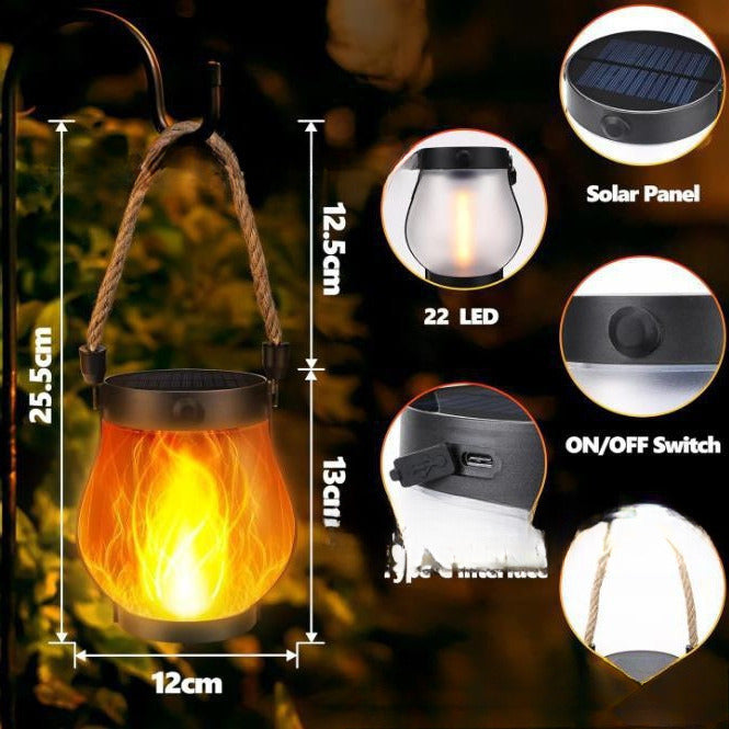 Solar-Flammenlaterne - 22 LEDs, 25,5 cm, Hanfseil, wasserdicht