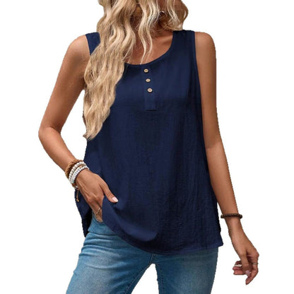 Haut femme col rond, sans manches, en coton.
