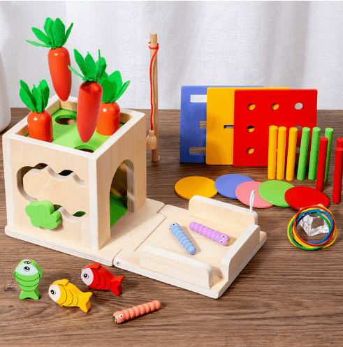 Dřevěná vzdělávací hračka ActivityCube Montessori - osm praktických úkolů, kompaktní rozvojová kostka pro kojence
