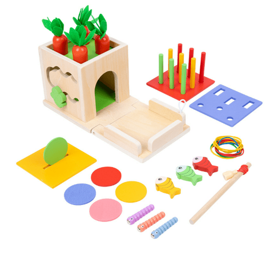 Dřevěná vzdělávací hračka ActivityCube Montessori - osm praktických úkolů, kompaktní rozvojová kostka pro kojence