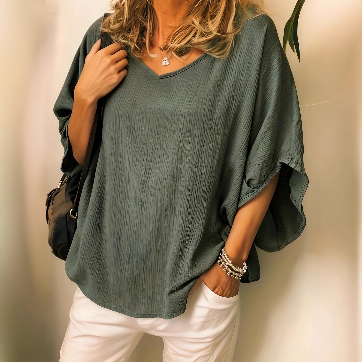 Haut femme polyvalent, uni, en coton et lin, manches chauve-souris