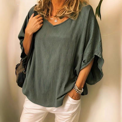 Haut femme polyvalent, uni, en coton et lin, manches chauve-souris