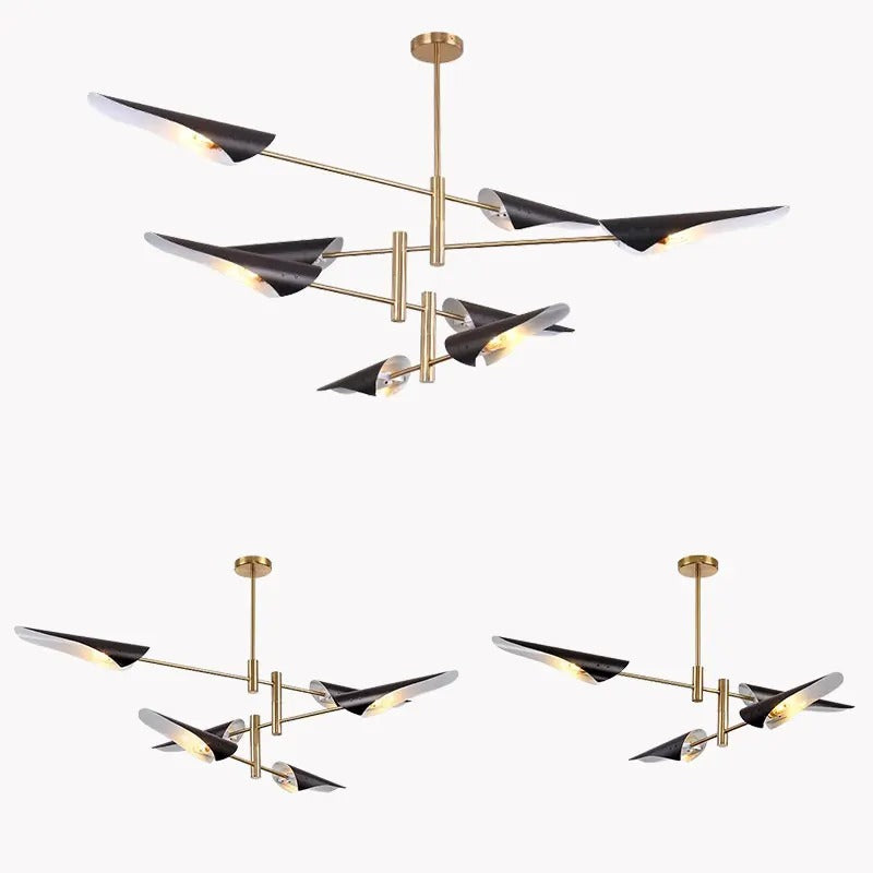 Astra Horizon Contemporary Chandelier — Black Driftwood Shading, Brass Structural Details