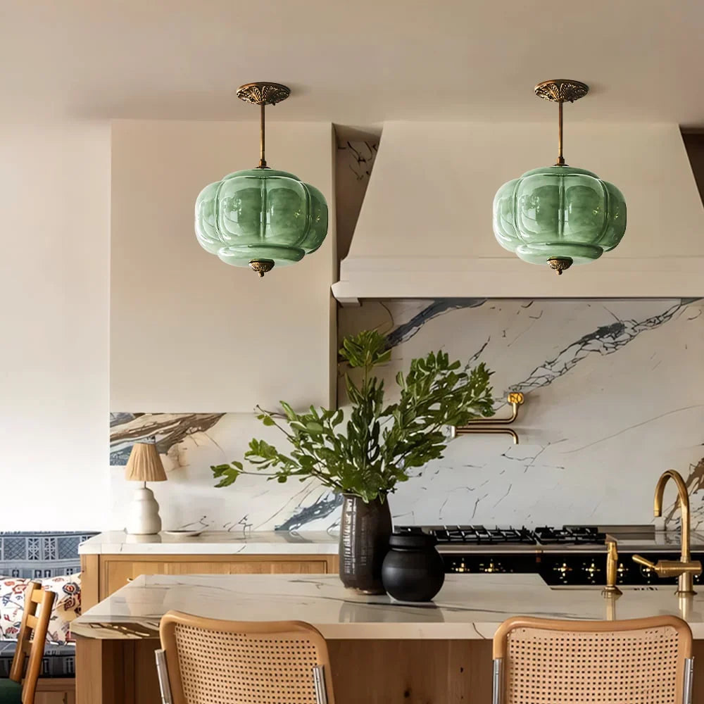 Antique Brass Ceiling Lamp – Green Glass Pumpkin Pendant