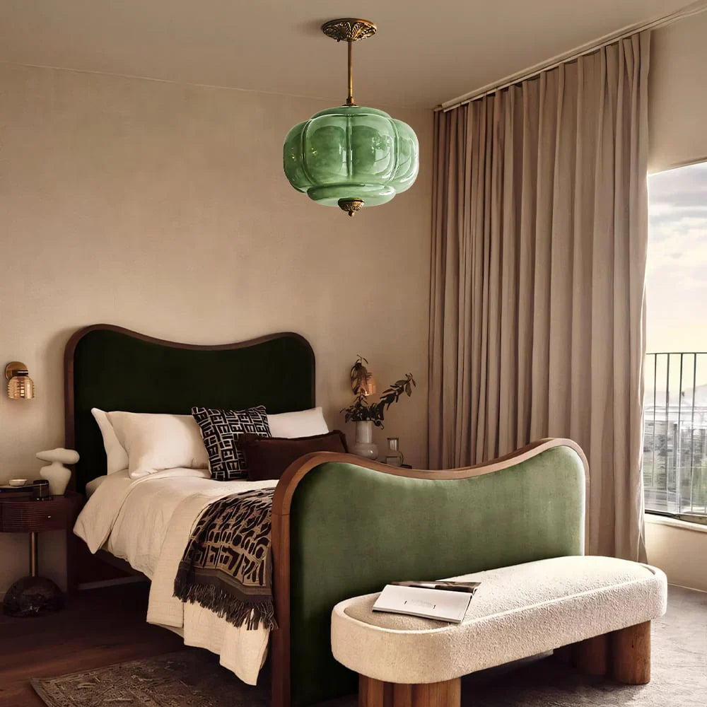 Antique Brass Ceiling Lamp – Green Glass Pumpkin Pendant