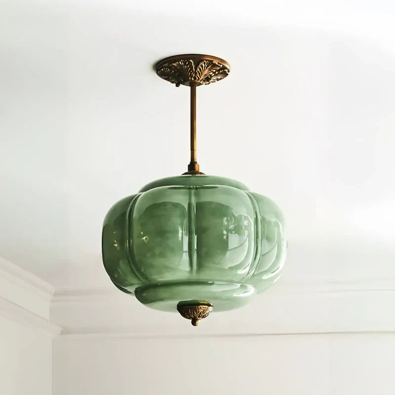 Antique Brass Ceiling Lamp – Green Glass Pumpkin Pendant