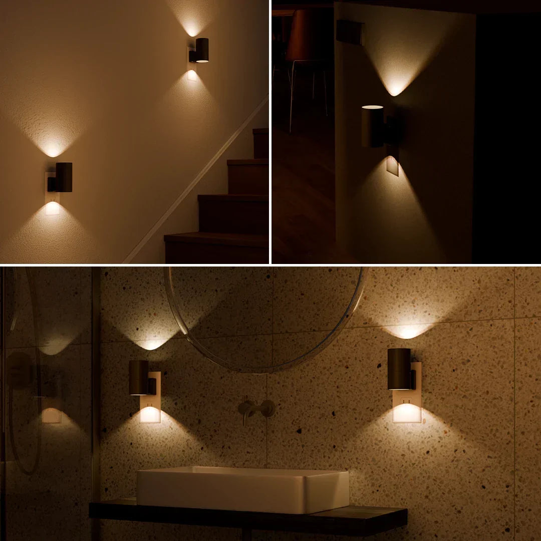Dimbar vägglampa med stickkontakt — svart och vit LED-nattlampa